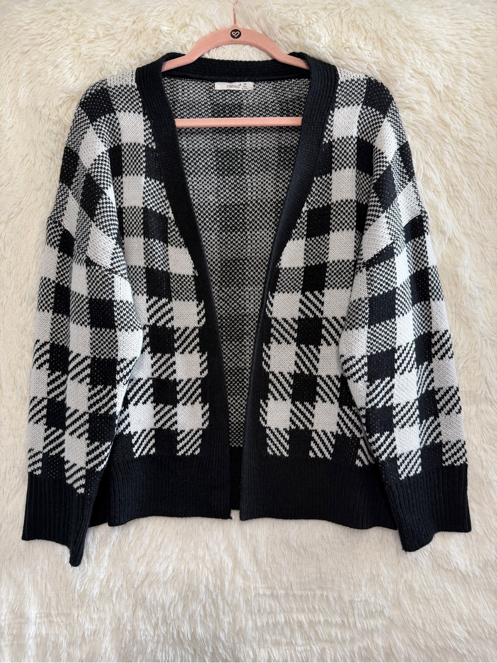 Timing Womens Buffalo Plaid Cardigan M White Black Grunge Indie Sleaze Academia